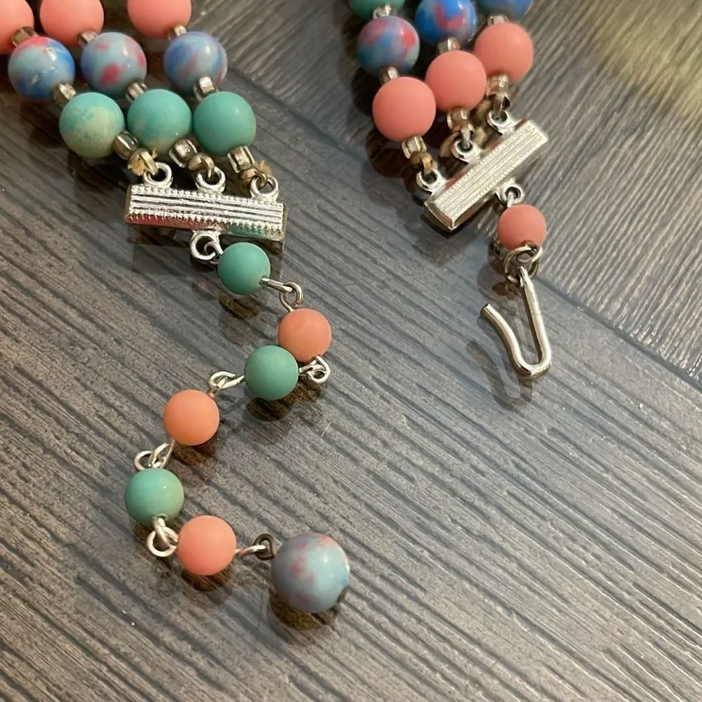 Vintage Japan Three Strand Pastel Candy Colored Beaded Necklace